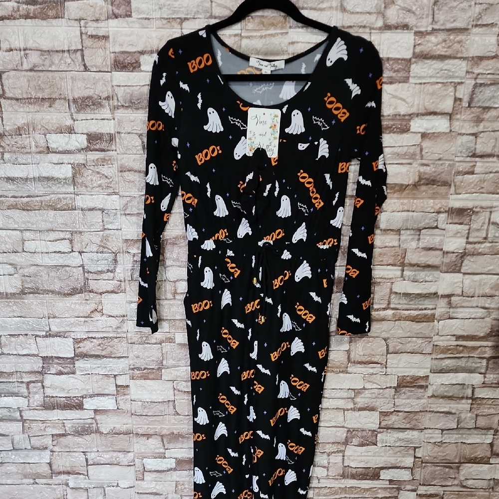 Vine and Valley Black Halloween Ghost Print Jumpsuit And Hair scrunchie